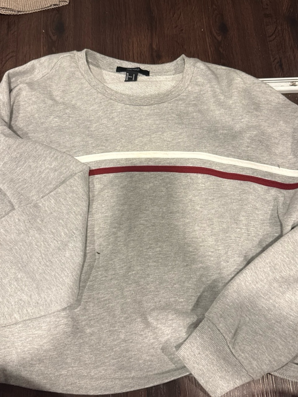 Forever 21 Women's Light Gray Crewneck Sweater with White and Burgundy Stripes